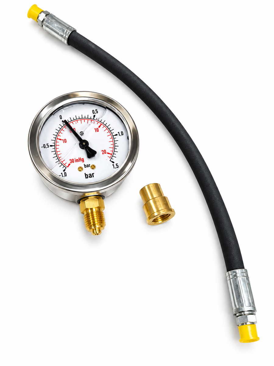 Trykkslange med manometer for trykktesting av anlegg 