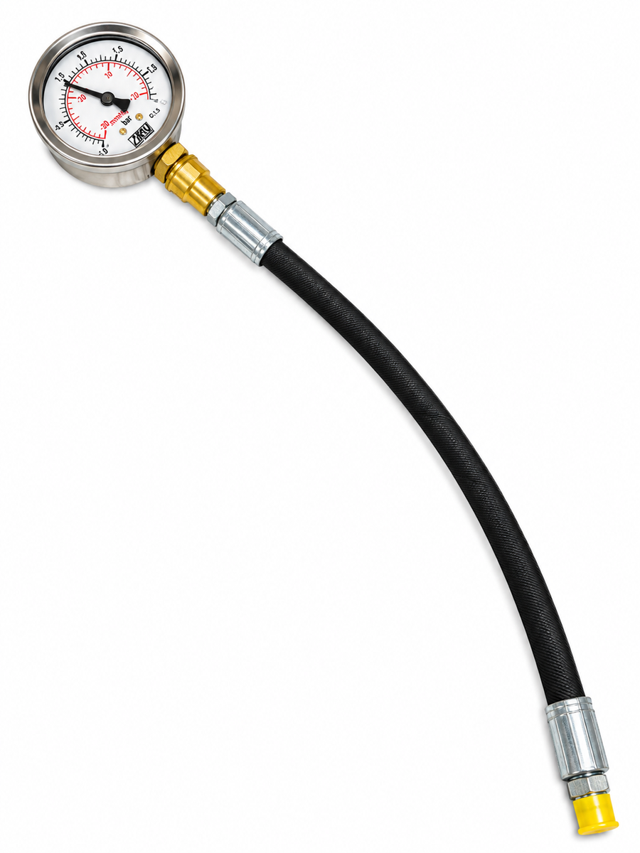 Trykkslange med manometer for trykktesting av anlegg 