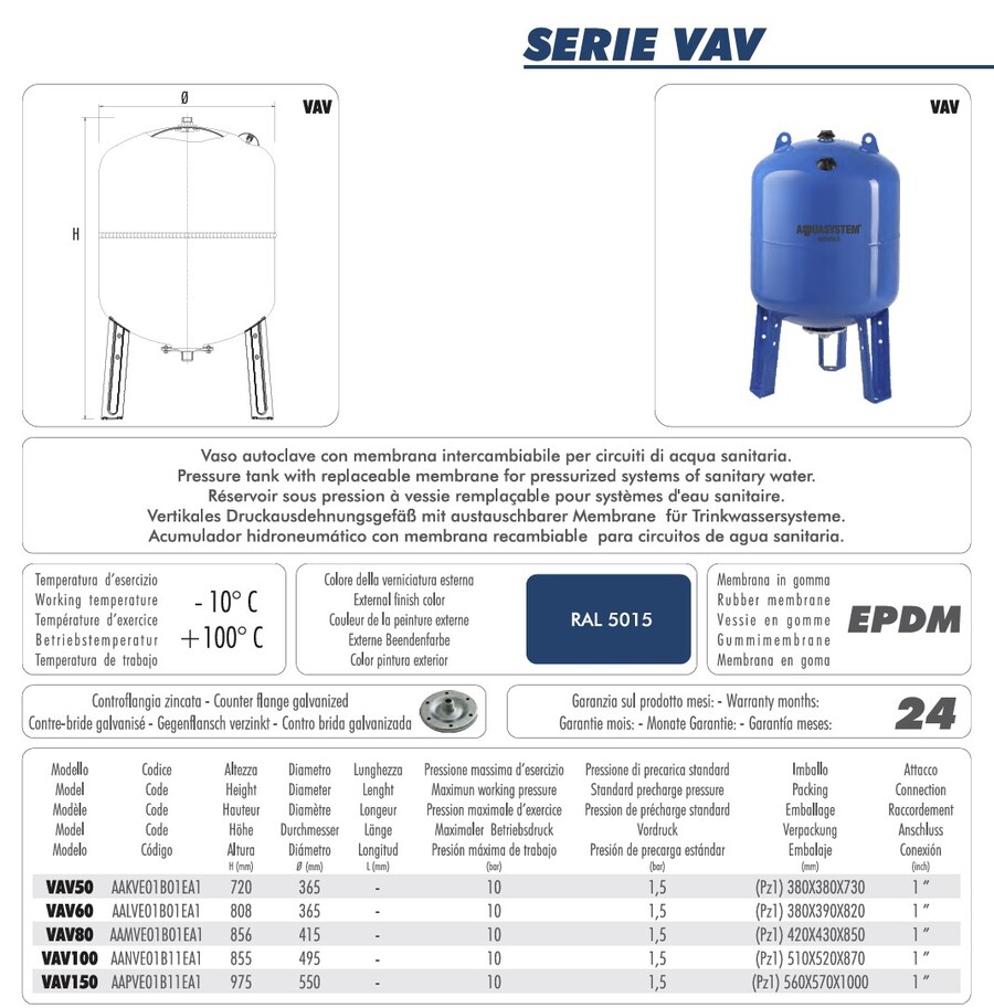 .50L VAV (fot) trykktank Aquasystem 1"G forbruksvann 