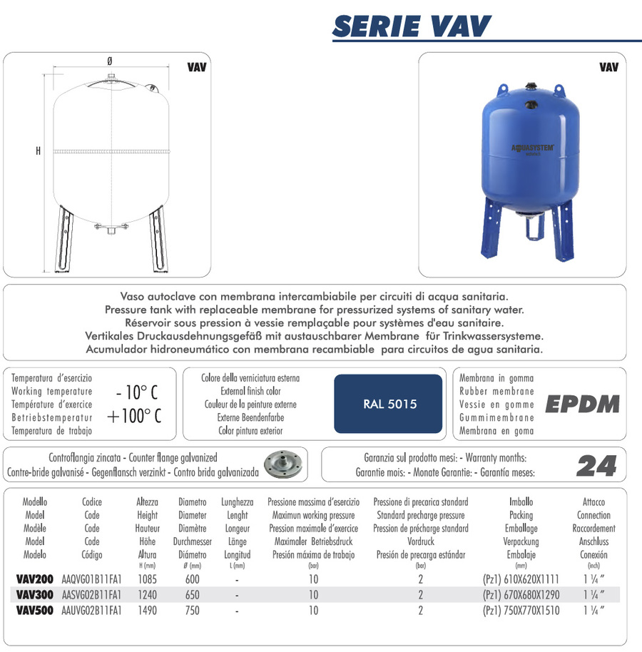 300L VAV (fot) trykktank Aquasystem 1 1/4"G forbruksvann 