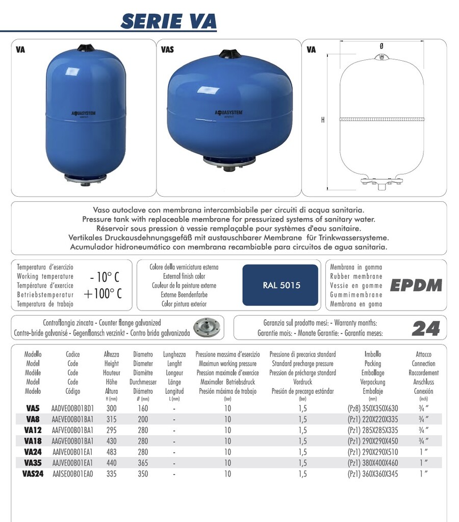 .35L VA trykktank Aquasystem 1"G forbruksvann 