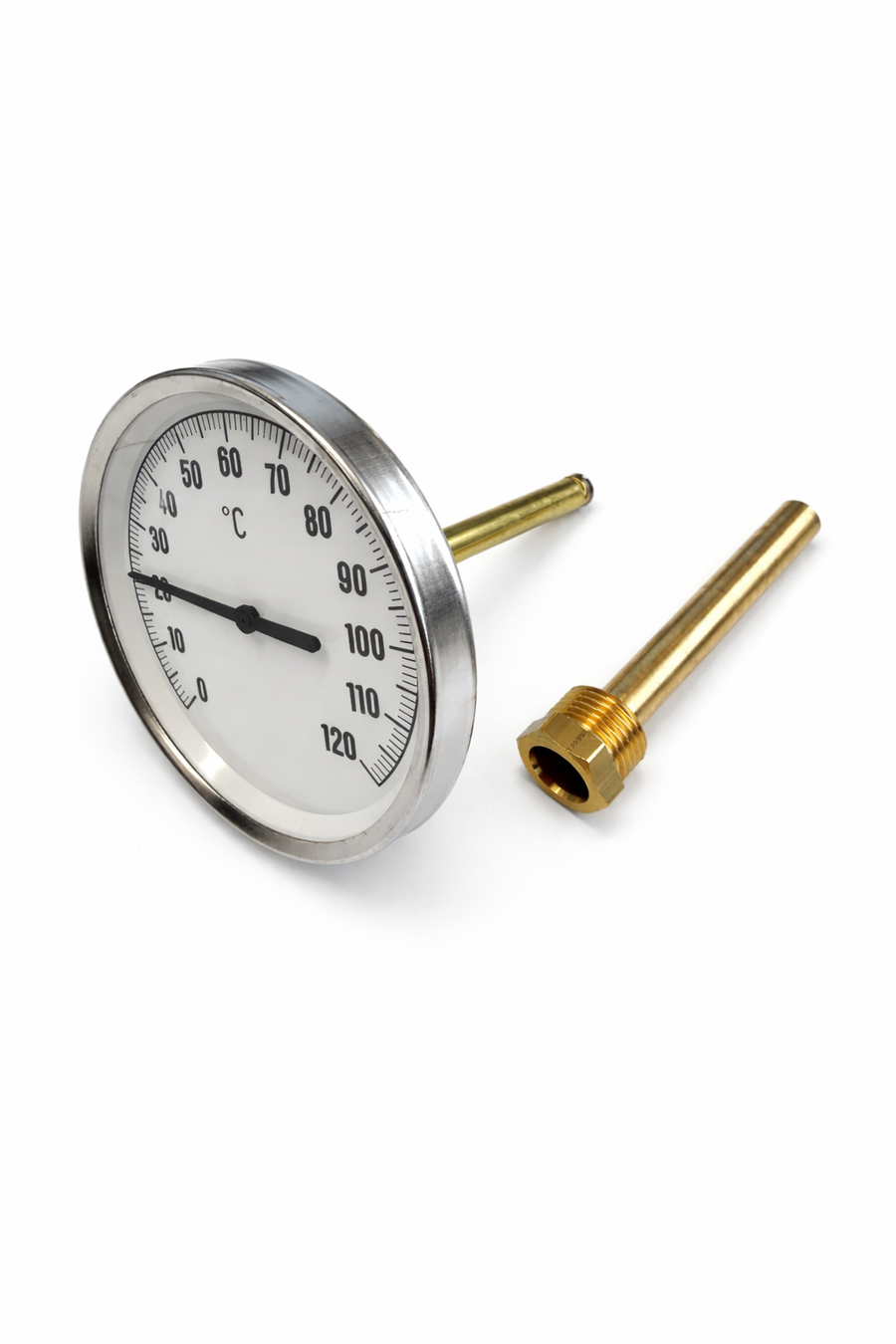 Skivetermometer 0-120gr.C Ø100mm m/ 1/2"x100mm lumme - montering på muffe 