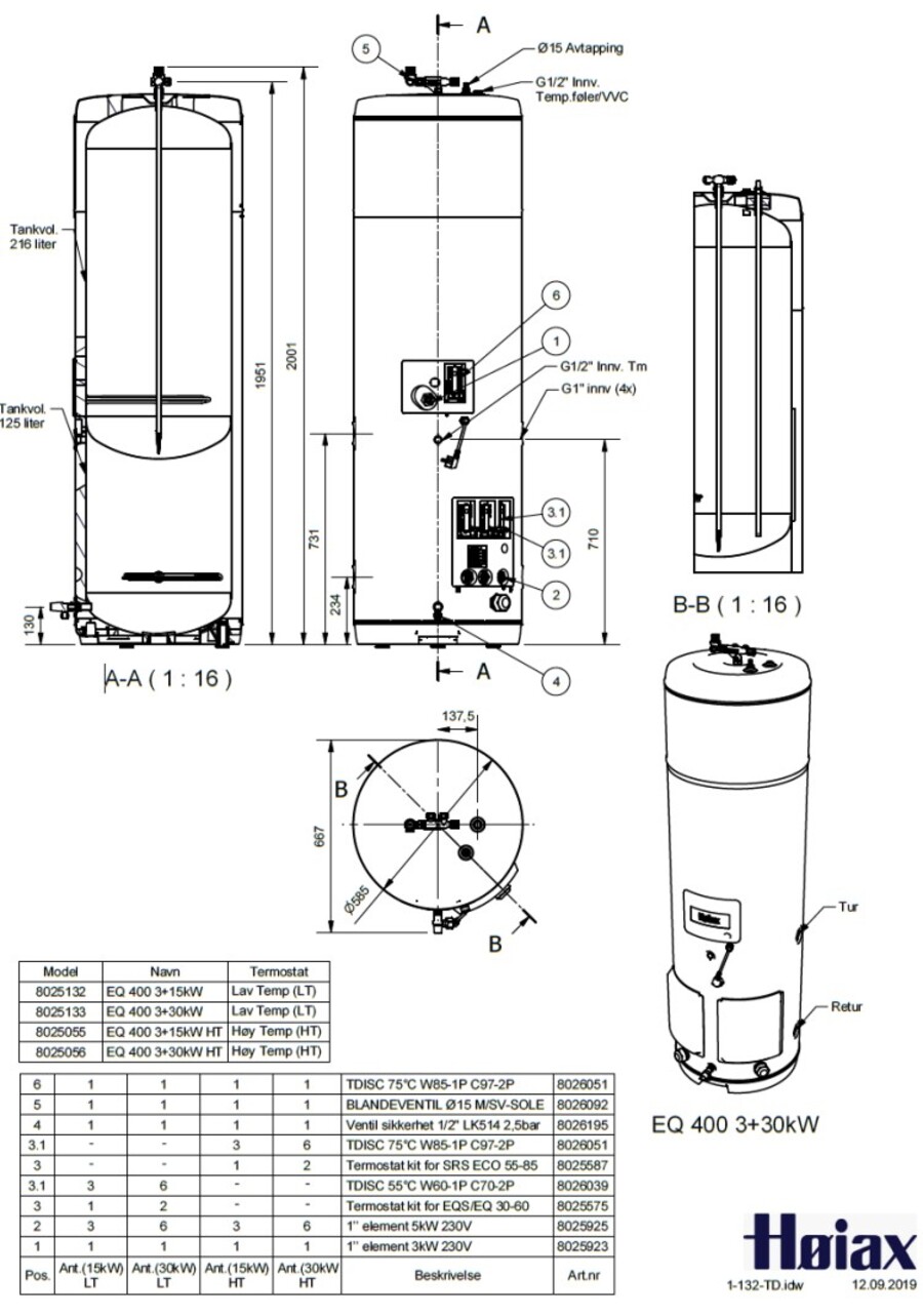 Høiax EQ 400L 3kW + 30kW Varmtvannsbereder for varmeanlegg 