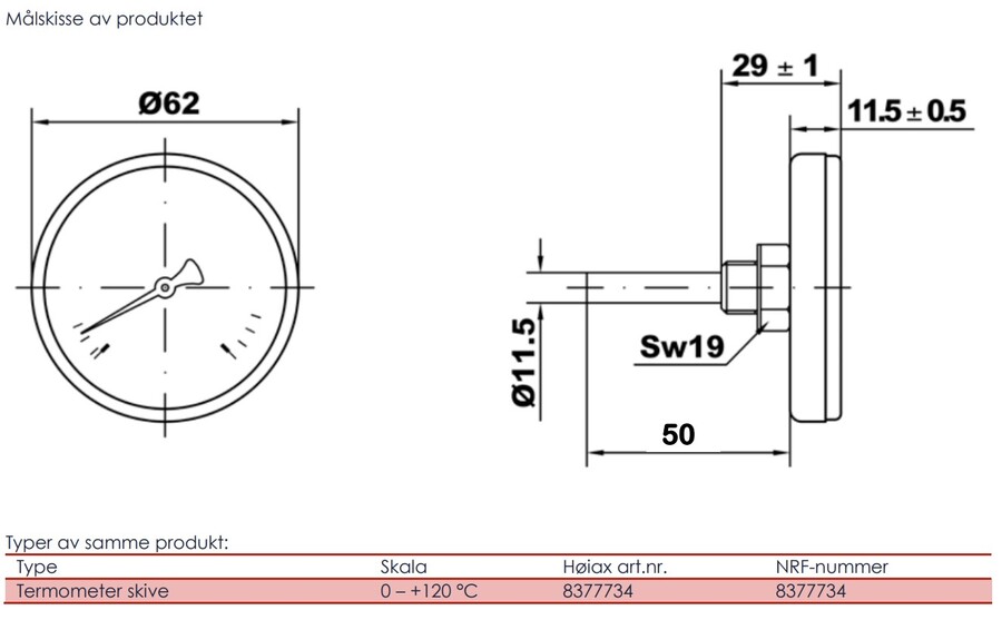 Skivetermometer 1/2" 63mm 0-120 °C for Høiax ECO 200 tank 