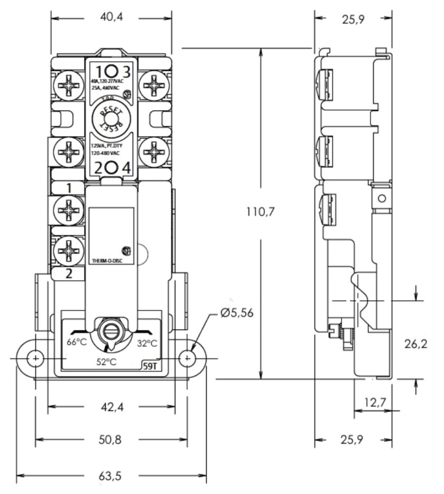 Justerbare termostater med auto. reset TDISC 55°C W60-1P C70-2P 