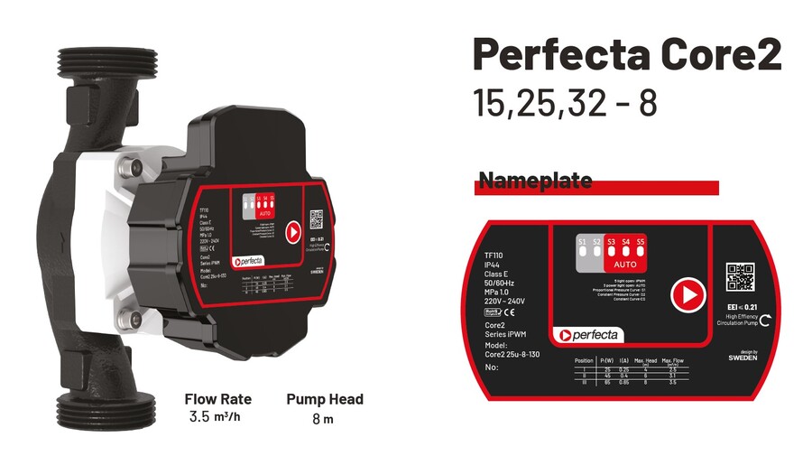 Perfecta Core2 25U-8-180 P Sirkulasjonspumpe 