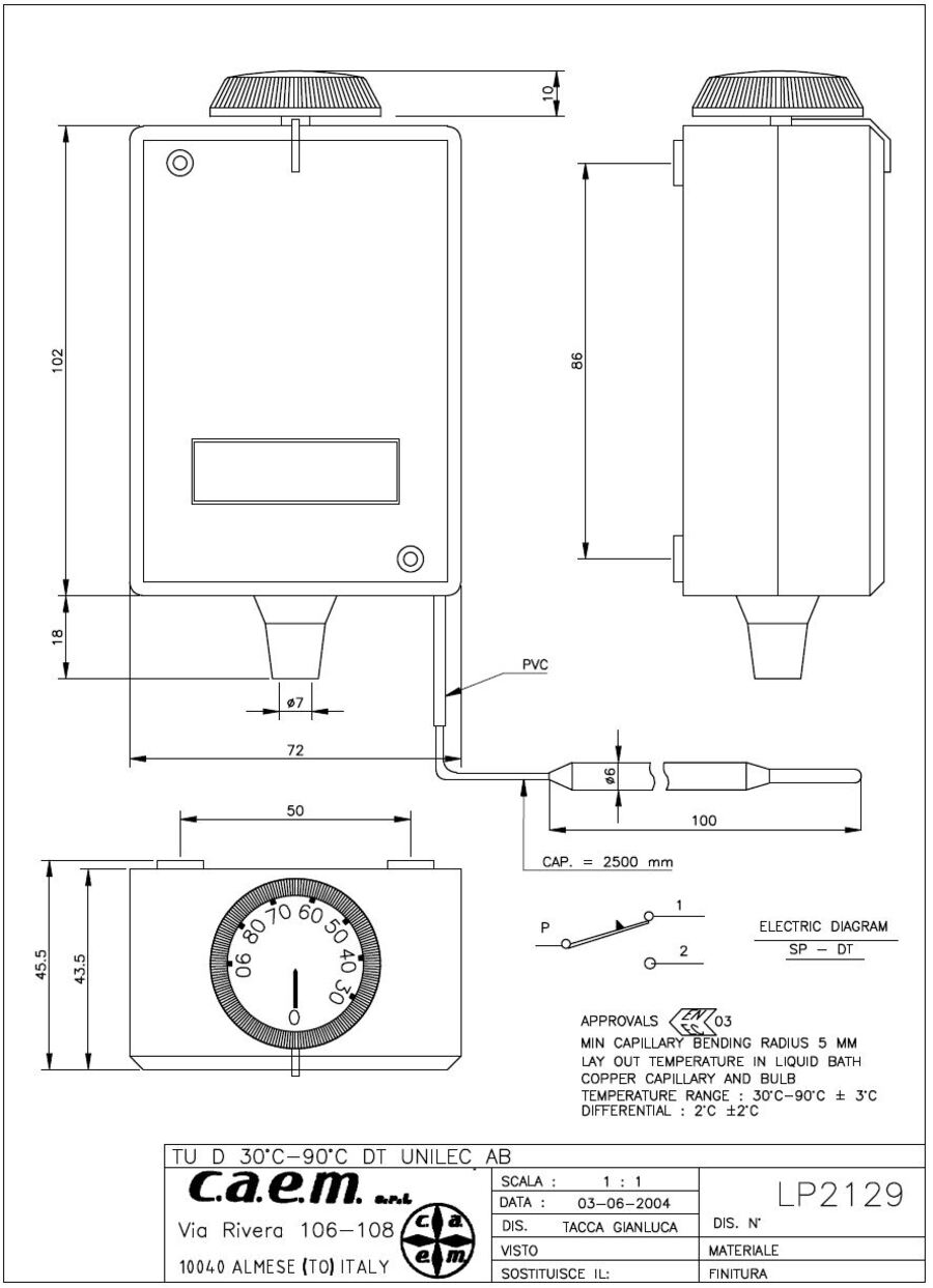 Vexve termostat m/føler 2,5m 30-90°C med kappilar føler 