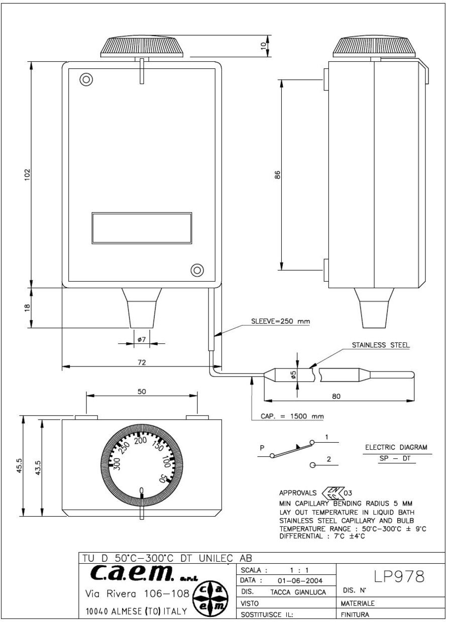 Vexve termostat m/føler 1,5m 50-300°C med kappilar føler 