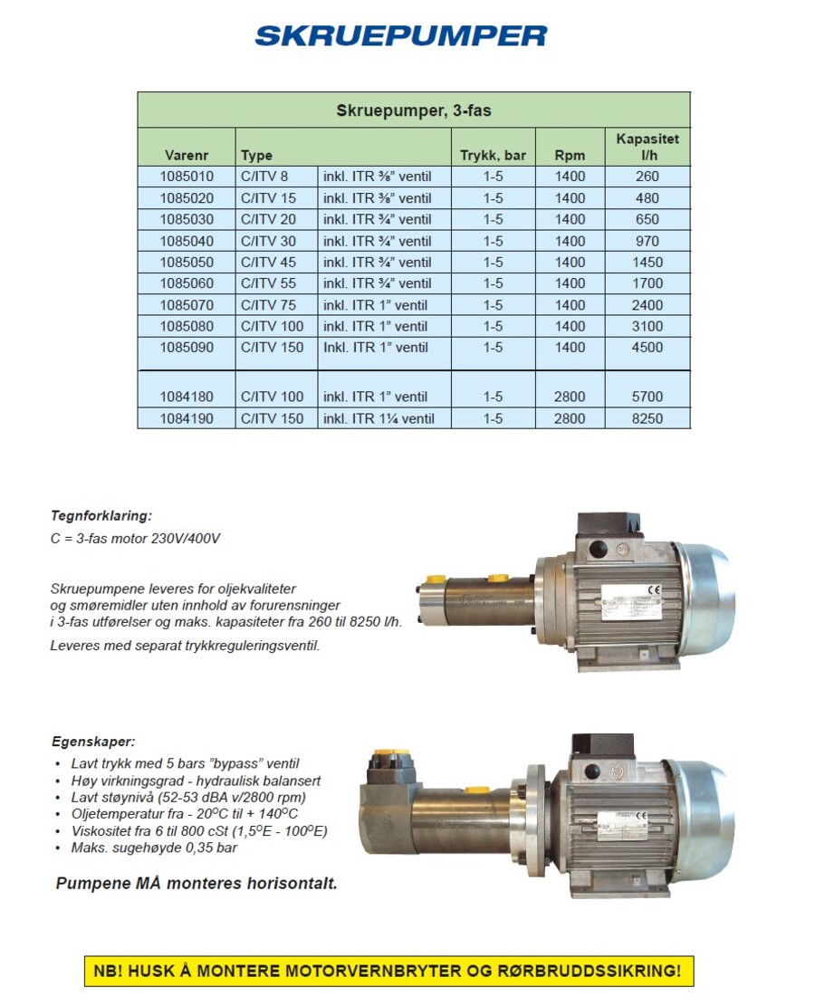 Skruepumpe C/ITV 20T 650 l/h Tilkobling 1/2'' 