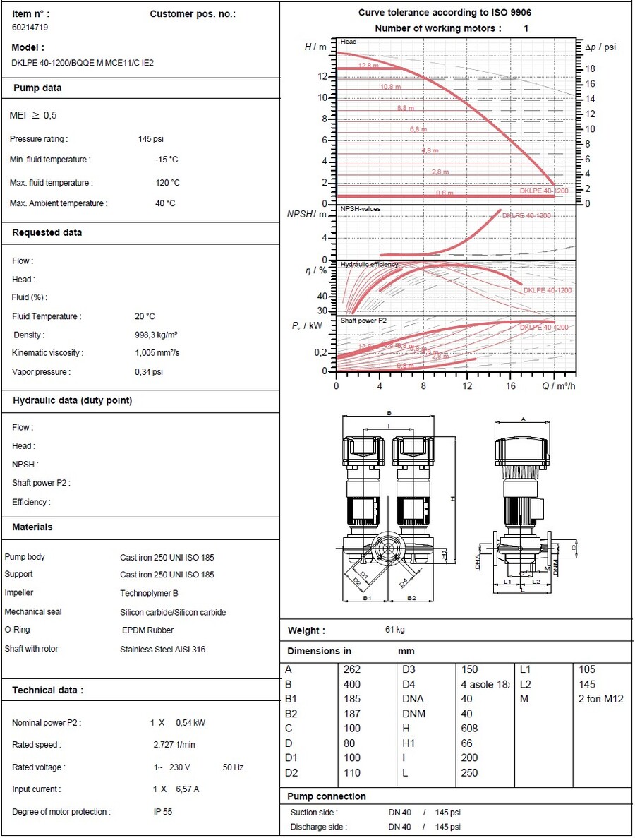 DAB DKLPE 40-1200/BQQE 1x230 50/60 IE2 Electronic in line pumps Klme-Dklme 