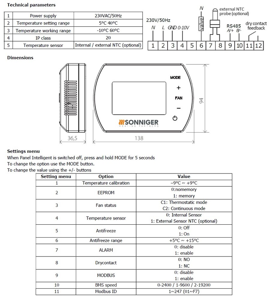 Sonniger RL309 EC styrepanel INTELLIGENT hastighet, termostat og WIFI 